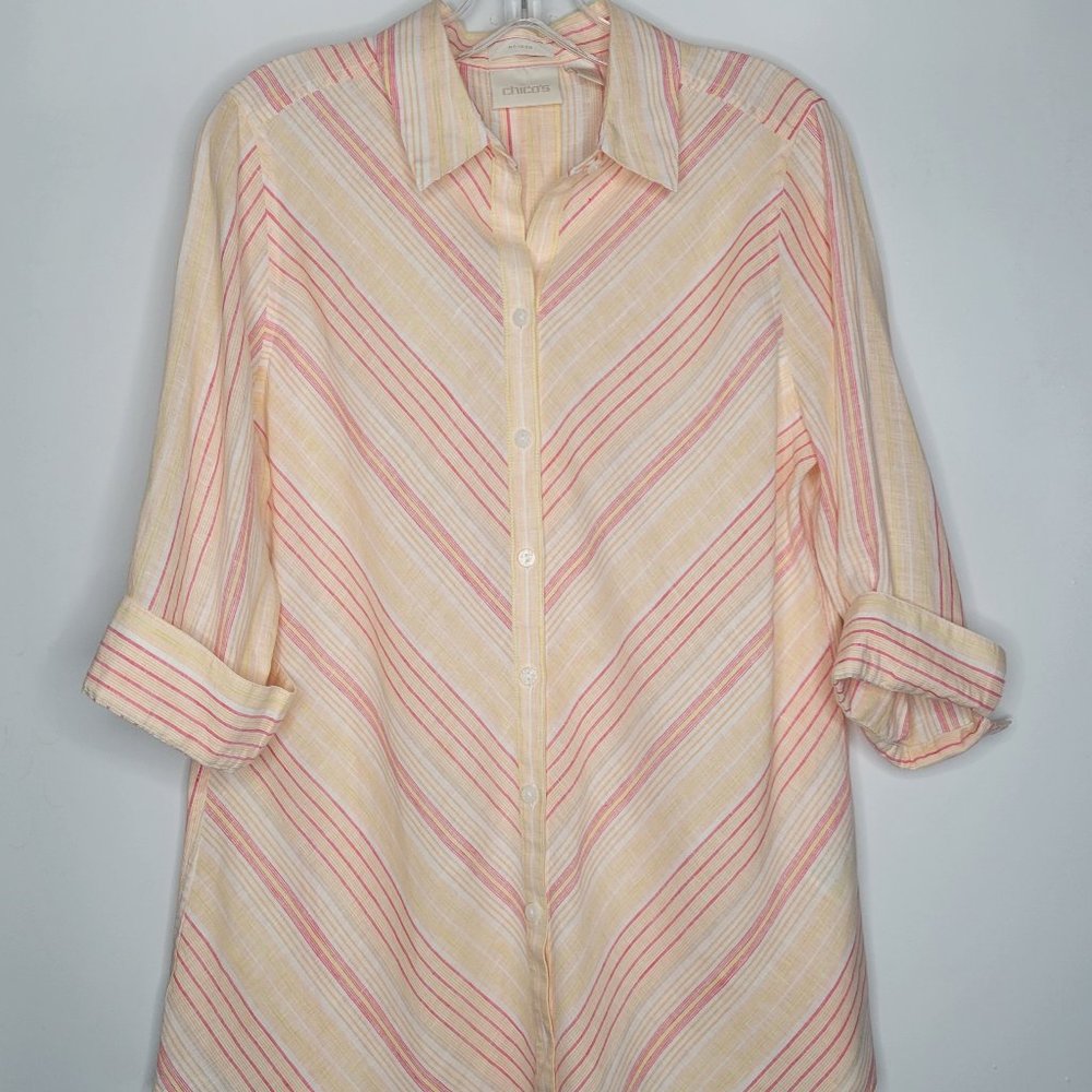 Chicos Linen Blouse Size 0 No Iron Button Up Yellow Shirt Red Diagonal Stripes